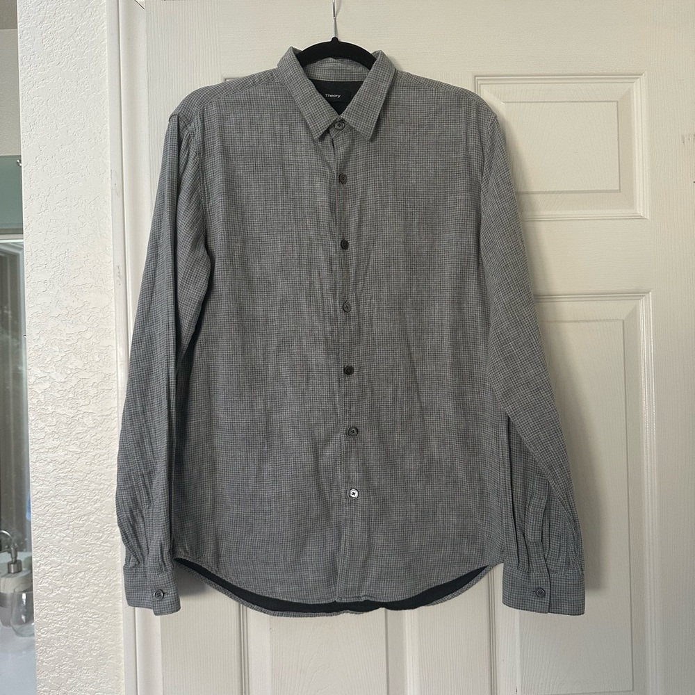 Men's Theory Checkered Gray Button Up Shirt, Size M